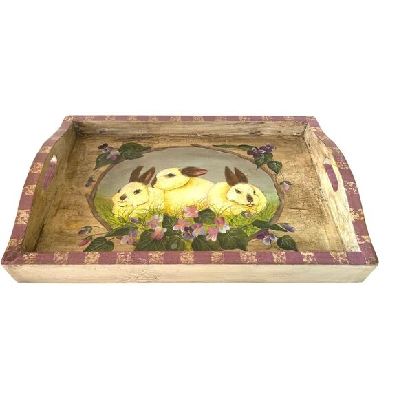 Vintage Bunny Rabbit Easter Tray | Hand Painted Wood Serving Vanity Tray - Picture 11 of 12